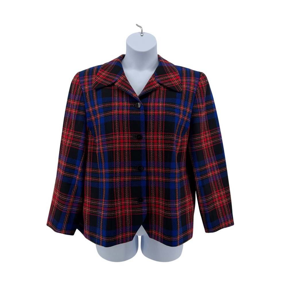 Pendleton Wool Blazer Jacket Women 16W Plaid Tartan Red Blue Vintage USA Made